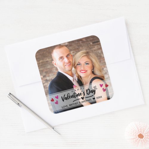 Red Pink Hearts Scribbled Valentines Day Photo Square Sticker