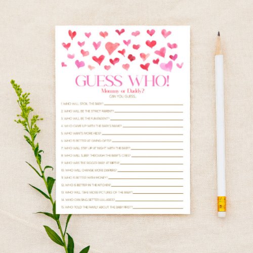 Red Pink Hearts Themed Guess Who Baby Shower Game Stationery