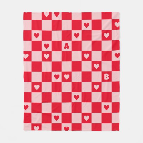 Red Pink Hearts Two Letter Checkerboard Fleece Blanket