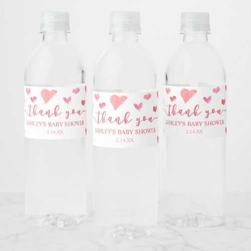 Red Pink Hearts Valentine Baby Shower Party Water Bottle Label