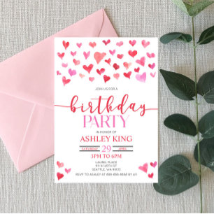 Red Pink Hearts Valentine Birthday Party Invitation