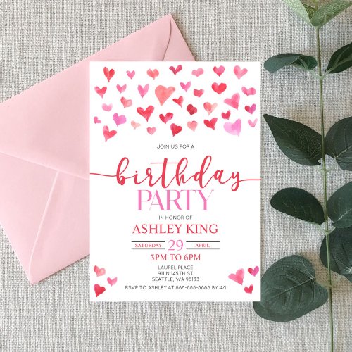 Red Pink Hearts Valentine Birthday Party  Invitation