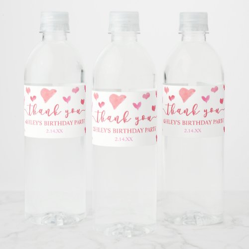 Red Pink Hearts Valentine Birthday Party Water Bottle Label