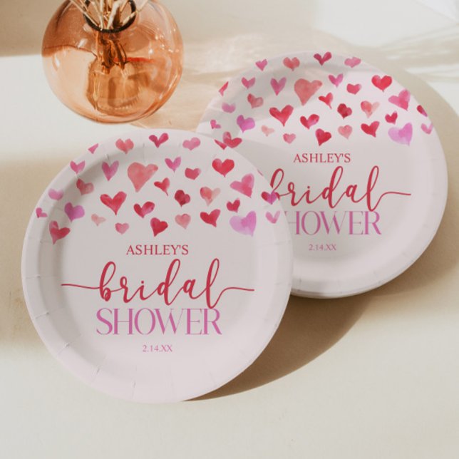 Red Pink Hearts Valentine Bridal Shower  Paper Plates (Creator Uploaded)