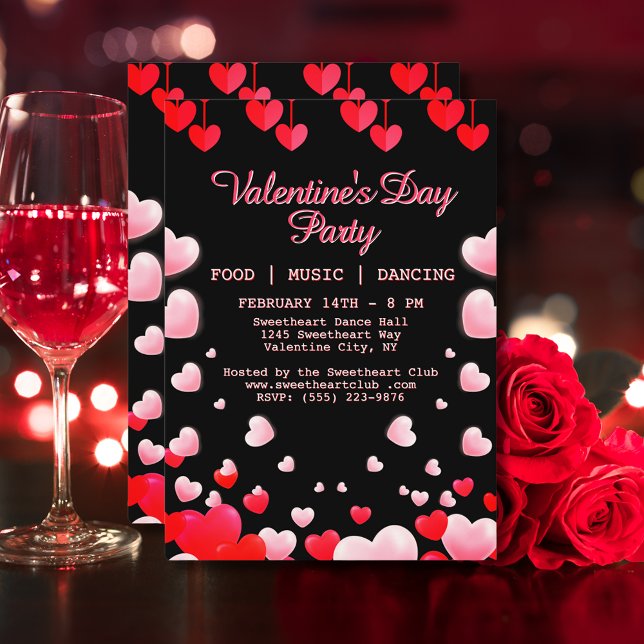 Red Pink Hearts Valentine's Party Food Music Dance Invitation (Red Pink Hearts Valentine's Party Food Music Dance Invitation)