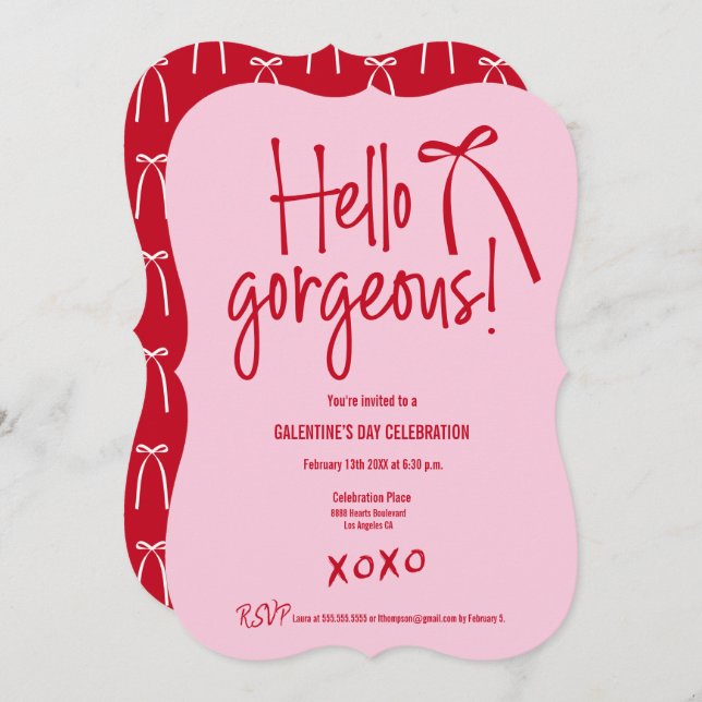 Red Pink Hello Gorgeous bow doodle Galentine’s Invitation (Front/Back)