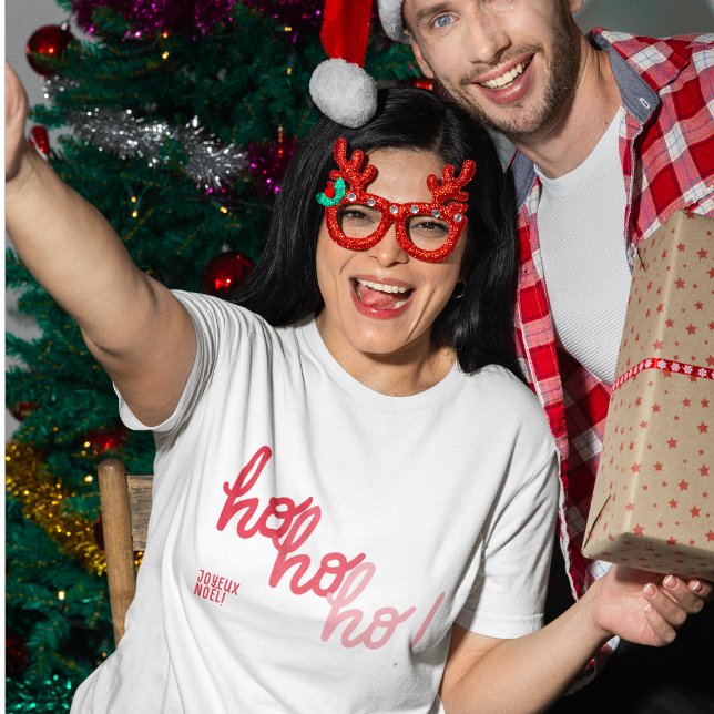 Red Pink Hohoho Joyeux Noel Typography Funny T-Shirt (Creator Uploaded)