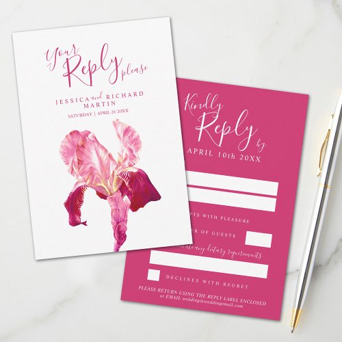 Red pink Iris flower art wedding RSVP Card