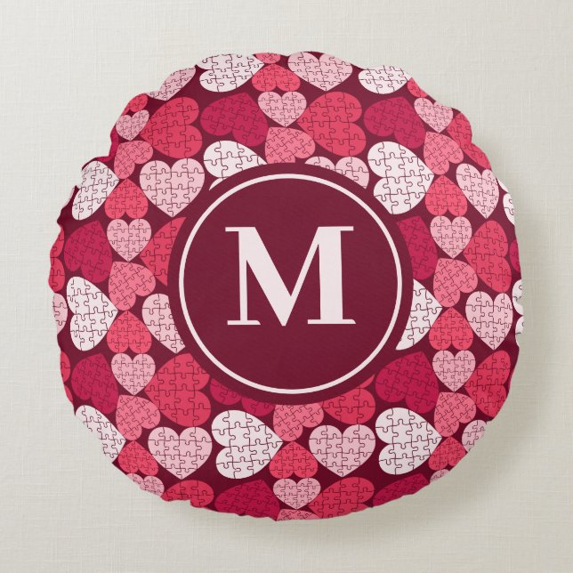 Red & Pink Jigsaw Puzzle Heart Pattern Monogram Round Pillow (Front)