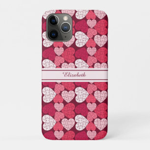 Red & Pink Jigsaw Puzzle Heart Pattern Name iPhone 11 Pro Case