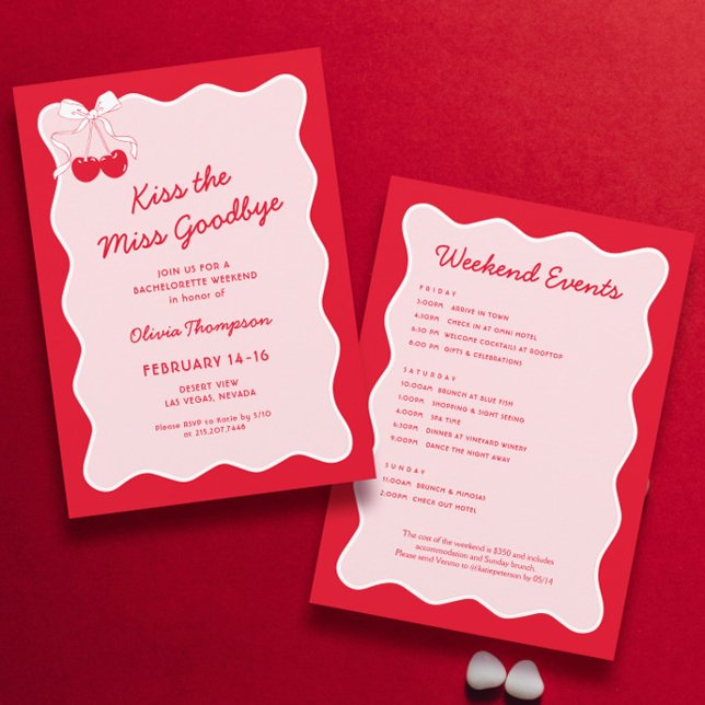 Red Pink Kiss the Miss Goodbye Bachelorette Party Invitation (Creator Uploaded)