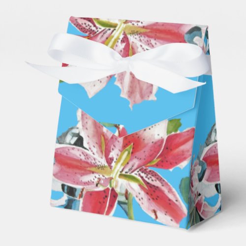 Red Pink Lily Floral Blue Wedding Cake Favor Box