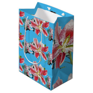 Red Pink Lily Floral Blue Wedding Cake Favour Box Medium Gift Bag