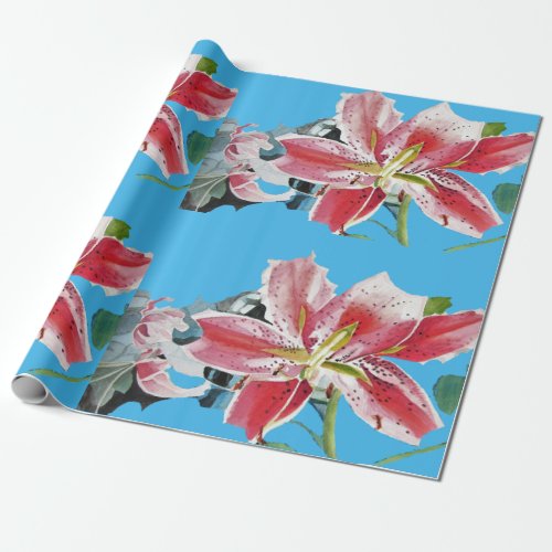 Red Pink Lily Flower Floral Lilies Watercolor Blue Wrapping Paper