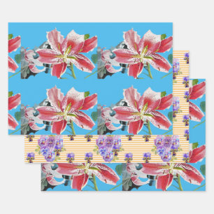 Red Pink Lily Flower Floral Lilies Watercolor Blue Wrapping Paper Sheets