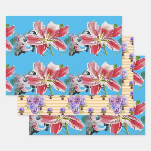 Red Pink Lily Flower Floral Lilies Watercolor Blue Wrapping Paper Sheets