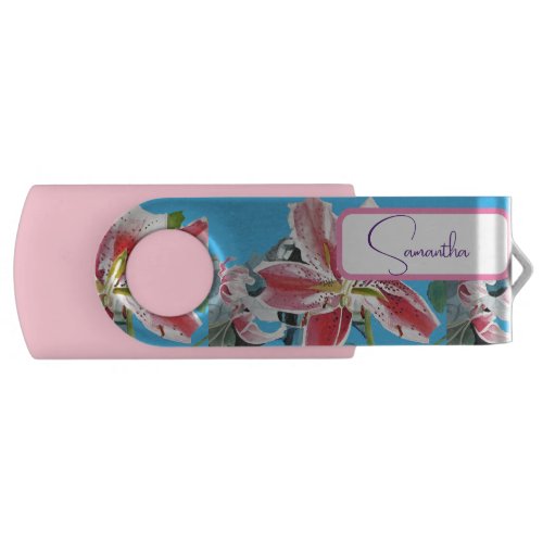 Red Pink Lily Lillies floral Blue Girls Womans USB Flash Drive