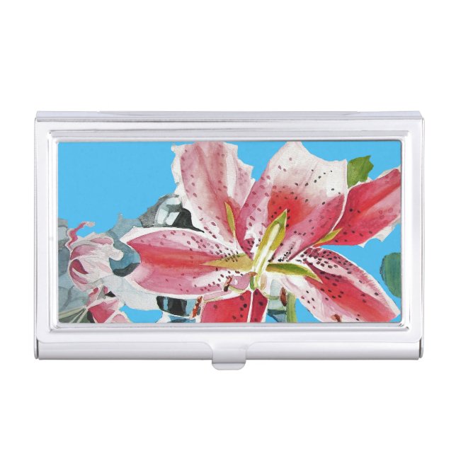 Red Pink Lily Lillies floral Blue Your Joy Business Card Case (Front)