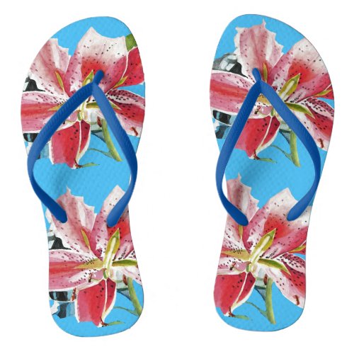 Red Pink Lily Lillies floral Blue Your Joy Flip Flops