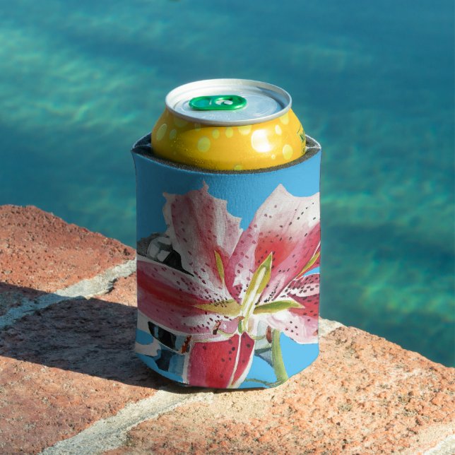 Red Pink Lily Lillies floral Blue Your Joy Trifold Can Cooler (In Situ Pool)