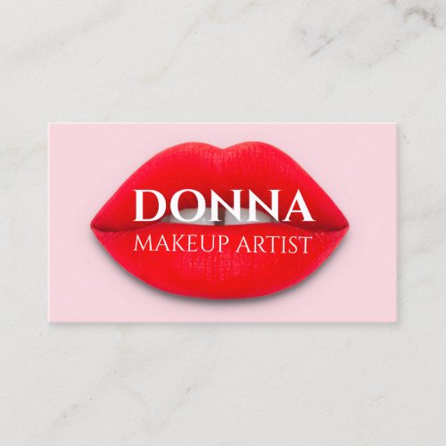 Red Pink Lips QR Code Logo Makeup Artist Studio  Business Card