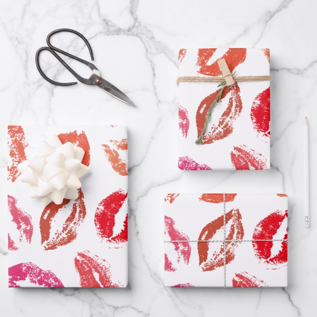 Red & Pink Lipstick Kisses Pattern Wrapping Paper Sheets (Front)