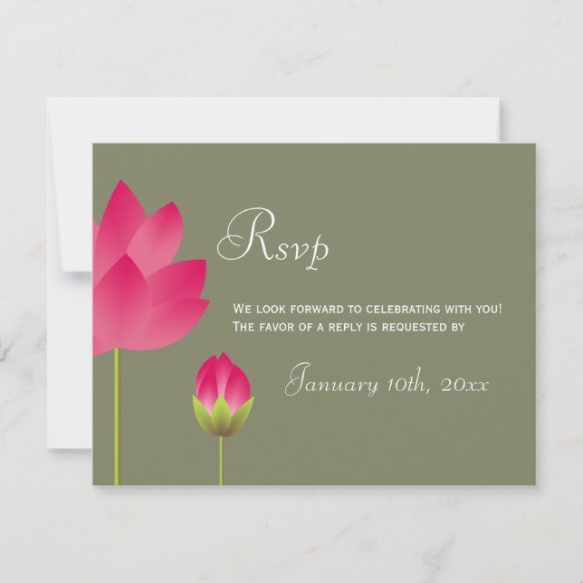 Red pink lotus flower green wedding rsvp response invitation (Front)