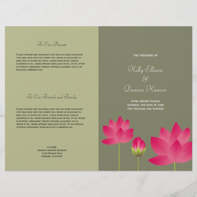 Red pink lotus flower modern green wedding program (Front)