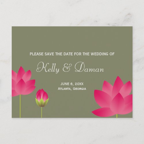 Red pink lotus flowers modern green save the date announcement postcard
