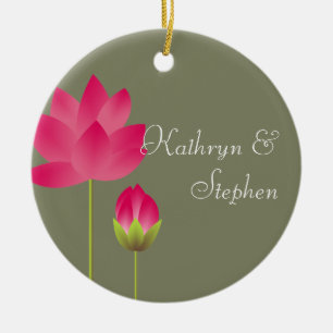 Red pink lotus flowers modern green wedding couple ceramic ornament