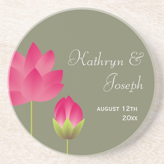 Red pink lotus flowers modern tea green wedding drink coaster (Front)