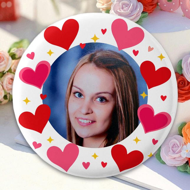 Red Pink Love Hearts Custom Photo Personalized Button (Creator Uploaded)