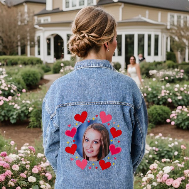 Red Pink Love Hearts Custom Photo Personalized Denim Jacket (Creator Uploaded)