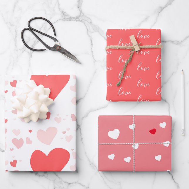 Red, Pink, Love, Hearts Valentines Wrapping Pape Paper Sheets (Front)