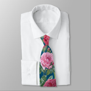 Red, Pink & Magenta Rose Flowers with Green Leaves Neck Tie