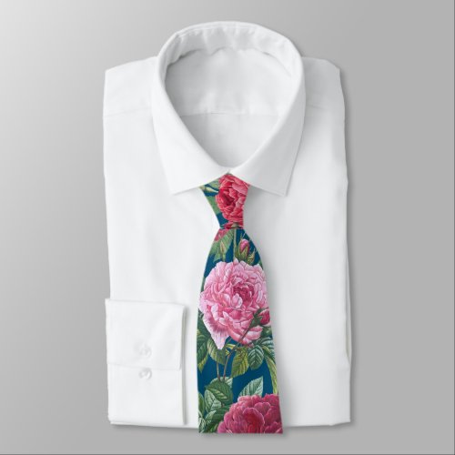 Red Pink  Magenta Rose Flowers with Green Leaves Neck Tie