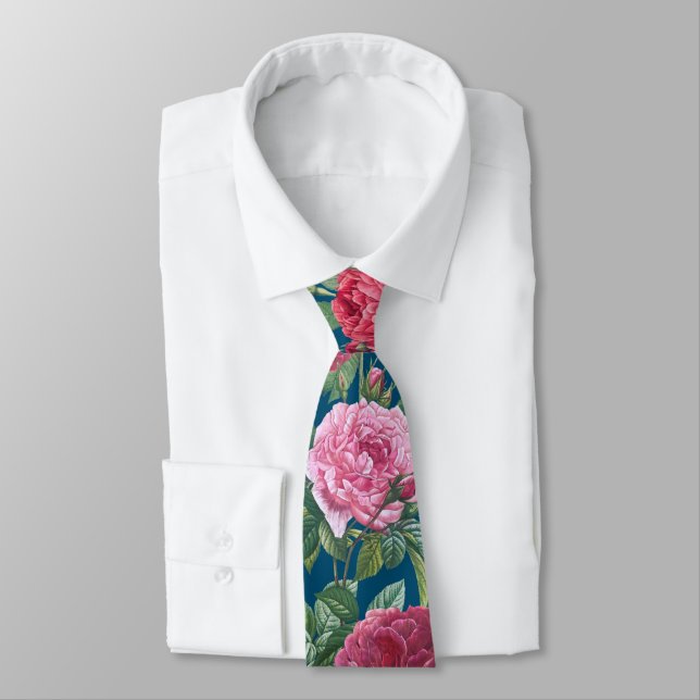 Red, Pink & Magenta Rose Flowers with Green Leaves Neck Tie (Tied)
