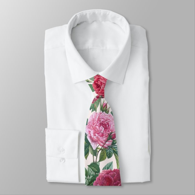 Red, Pink & Magenta Rose Flowers with Green Leaves Neck Tie (Tied)