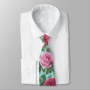 Red, Pink & Magenta Rose Flowers with Green Leaves Neck Tie