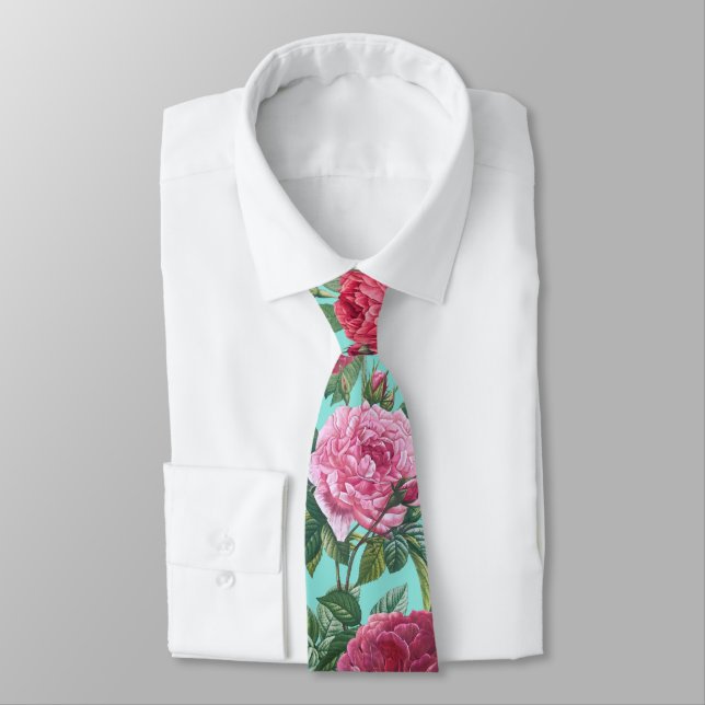 Red, Pink & Magenta Rose Flowers with Green Leaves Neck Tie (Tied)