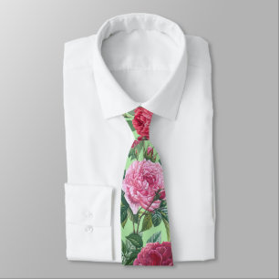 Red, Pink & Magenta Rose Flowers with Green Leaves Neck Tie