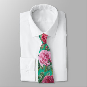 Red, Pink & Magenta Rose Flowers with Green Leaves Neck Tie
