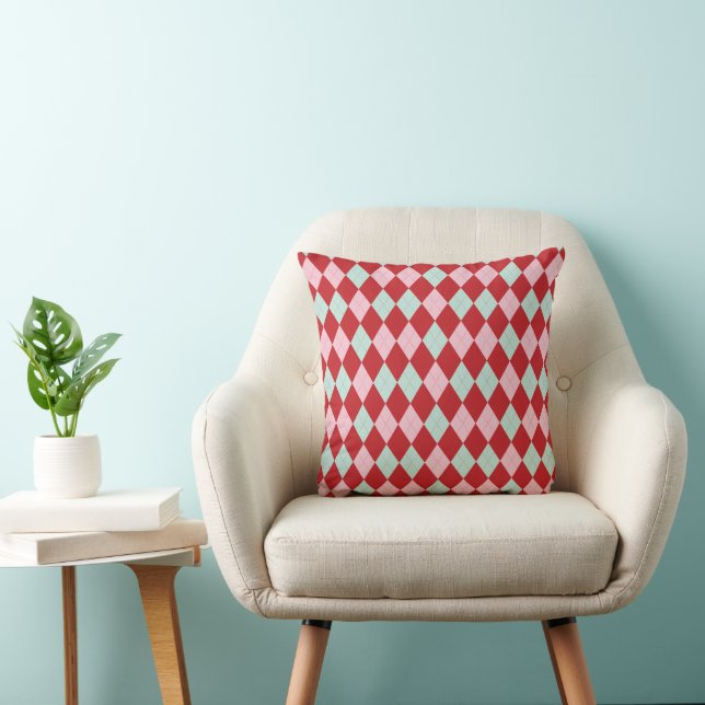 Red Pink & Mint Christmas Argyle Throw Pillow (Chair)