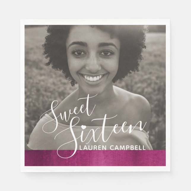 Red pink modern art sweet sixteen photo template napkins (Front)