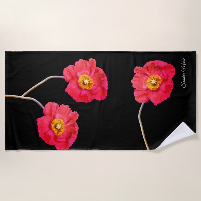 Red Pink Modern Poppies Poppy Flower Black  Beach  Beach Towel (Front)