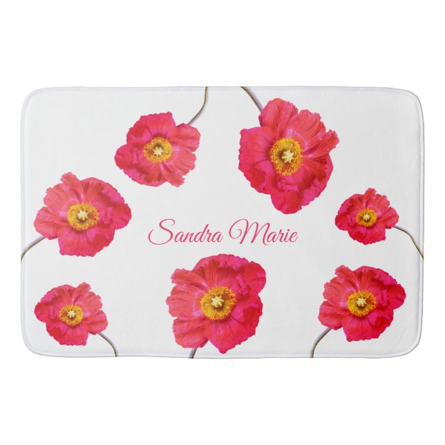 Red Pink Modern Poppies Poppy Flower White Bath Mat (Front)