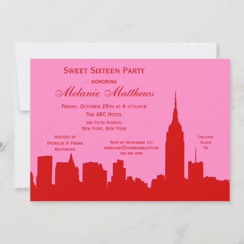 Red Pink NYC Skyline Silhouette Sweet Sixteen Invitation