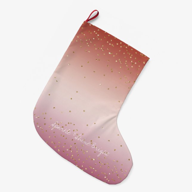 Red Pink Ombre Gold Glitter Confetti Large Christmas Stocking (Front (Hanging))