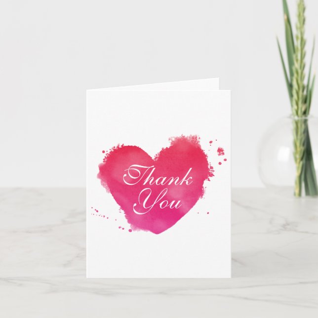 Red Pink Ombre Watercolor Heart Thank You Card (Front)