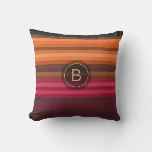 Red Pink Orange Brown Gray Chic Stripes Monogram Throw Pillow